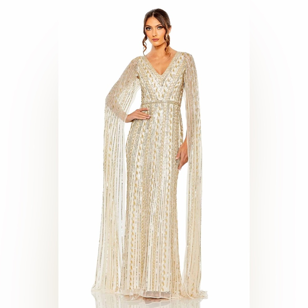 Mac Duggal Gold Beaded Long Sleeve Evening Gown